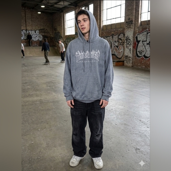 Thrasher Other - Thrasher Silver Flame Hoodie Grey Tie Dye Skate Aesthetic Streetwear Large